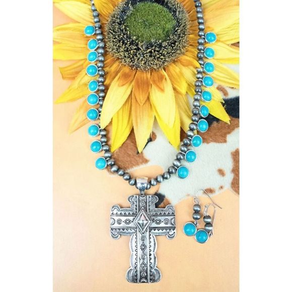 Western Necklace Jewelry - Western Cross Necklace Faux Turquoise & Silver Pearl Earring Set Nashville Cowgi
